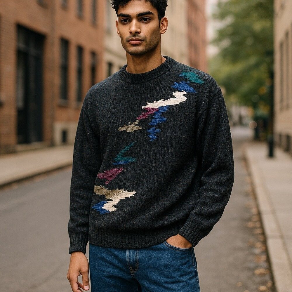 Mens Vtg Pullover Sweater Index 80s 90s Chunky Knit Gray Abstract Oversized M